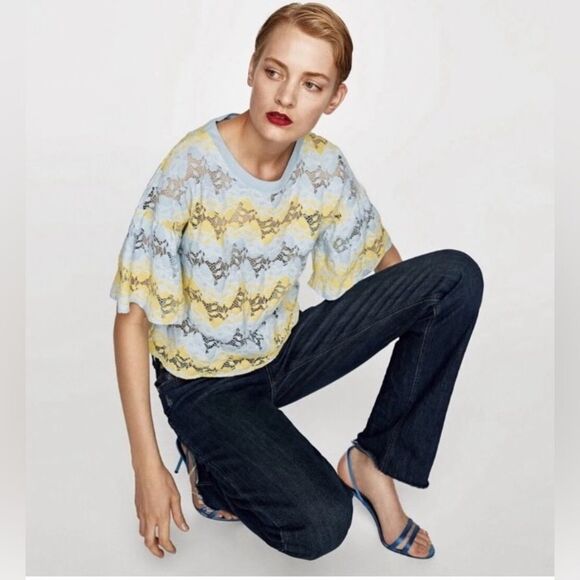 Zara Yellow and Blue Sheer Lace Short Bell Sleeve Blouse - Picture 1 of 11